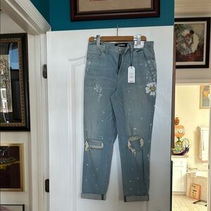 Express Light Blue Distressed Jeans with Floral Detail
